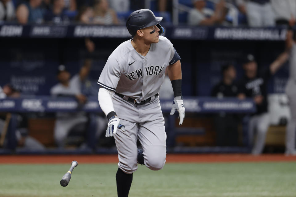 New York Yankees' Aaron Judge watches his home run against the Tampa Bay Rays during the fourth inning of a baseball game Wednesday, June 22, 2022, in St. Petersburg, Fla. (AP Photo/Scott Audette)