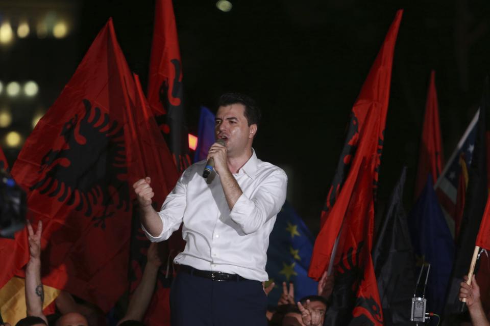 Main opposition Democratic Party leader Lulzim Basha delivers a speech during an antigovernment rally in Tirana, Friday, June 21, 2019. The opposition is boycotting the local elections planned for June 30 and has threatened to disrupt them. (AP Photo/Hektor Pustina)