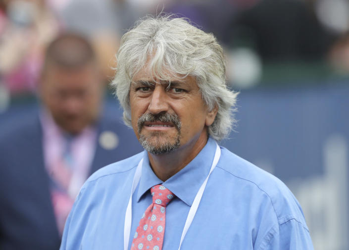 FILE - Trainer Steve Asmussen looks on at Churchill Downs, May 3, 2019, in Louisville, Ky. Taiba is the 8-1 choice in the Breeders' Cup Classic horse race Saturday, Nov. 5, 2022, for embattled Hall of Fame trainer Bob Baffert, who makes his Kentucky return after serving a suspension this spring. Asmussen hopes Epicenter provides his third Classic win, while Todd Pletcher looks for his second with Life Is Good. (AP Photo/Gregory Payan, File)