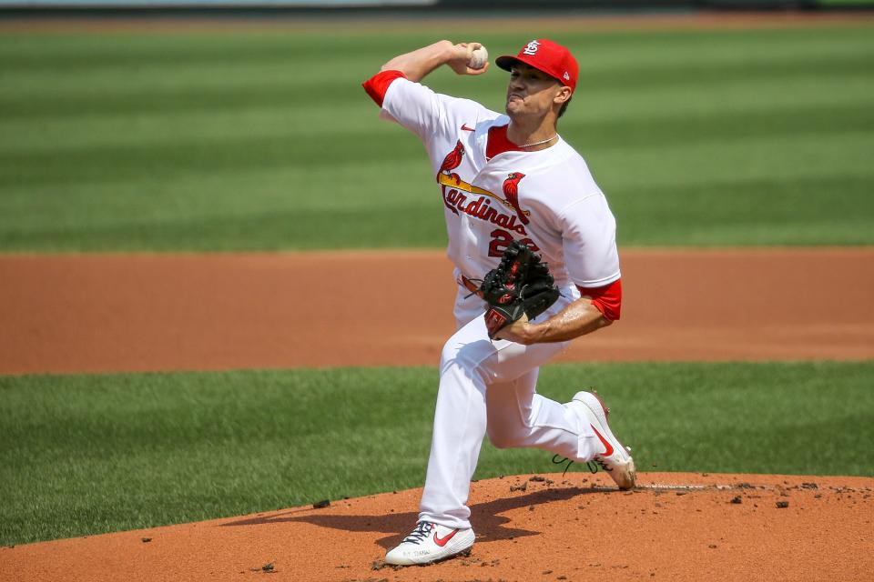 Cardinals pitcher Jack Flaherty delivers during the first inning in the first game of a doubleheader against the Cardinals on Thursday, Sept. 10, 2020, in St. Louis.