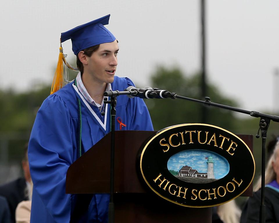 Salutatorian Jason Adams addresses his classmates during the Scituate High School graduation Friday, June 3, 2022.