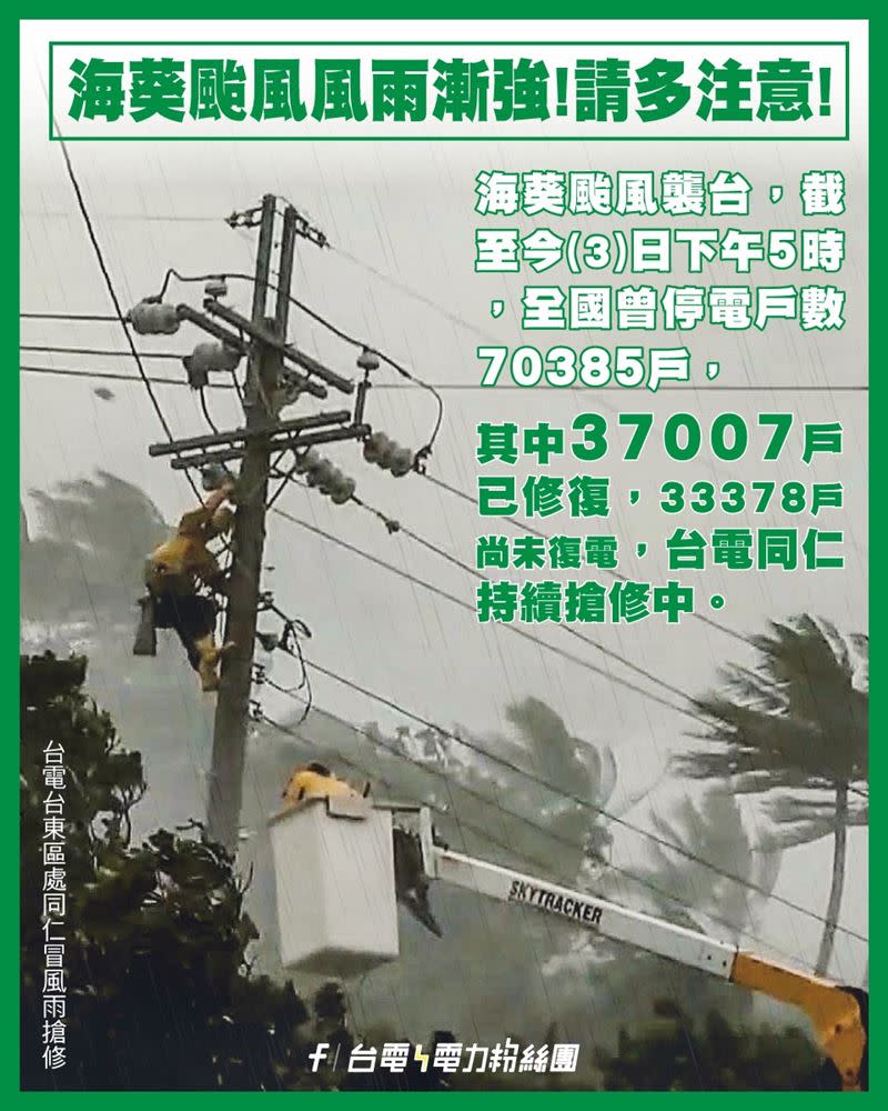 海葵強襲，全台超過7萬戶停電，目前已經修復3萬7007戶。（圖／翻攝自台電電力粉絲團臉書）