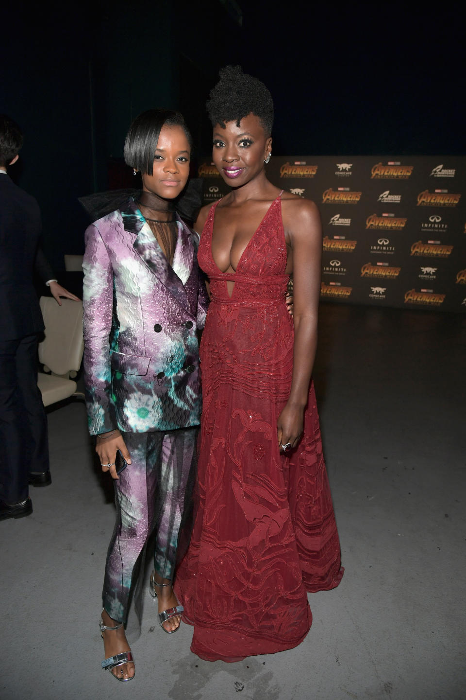 <p>The women of <em>Black Panther</em>, who also appear in the film (Shuri and Okoye), posed together. (Photo: Charley Gallay/Getty Images for Disney) </p>