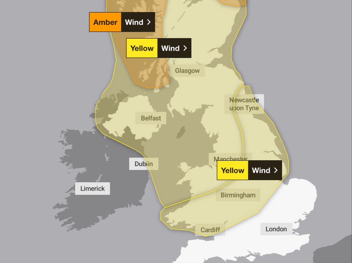 Danger zones: Met Office weather warnings for Storm Jocelyn (Met Office)