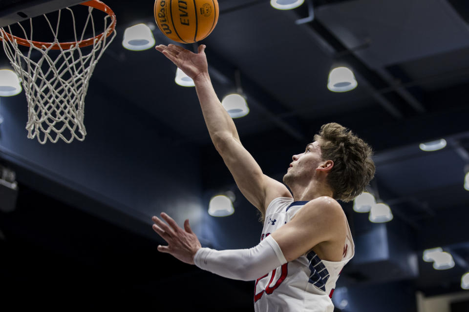 Saint Mary's guard Aidan Mahaney lays up the ball against San Diego during the first half of an NCAA college basketball game in Moraga, Calif., Saturday, Feb. 24, 2024. (AP Photo/John Hefti)