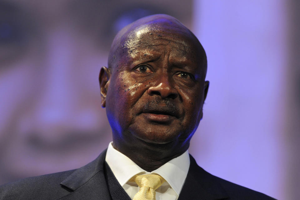 FILE - In this July 11, 2012 file photo, Ugandan President Yoweri Museveni speaks during the London Summit on Family Planning organized by the UK Government and the Bill & Melinda Gates Foundation with the United Nations Population Fund, in central London. Uganda's President Museveni is expected to sign Monday, Feb. 24, 2014 a controversial anti-gay bill that allows harsh penalties for homosexual offenses, a bill which rights groups have condemned as draconian in a country where homosexuality is already illegal. (AP Photo/Carl Court, File)