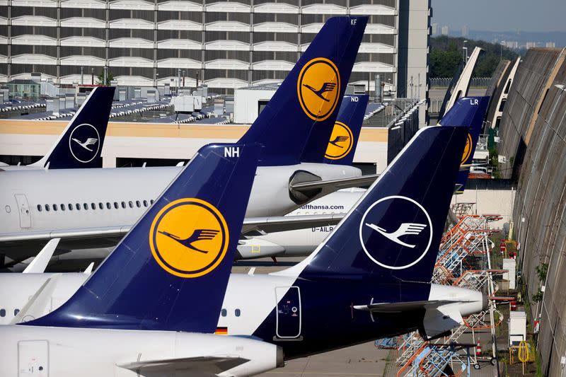 FILE PHOTO: Lufthansa planes parked at Frankfurt Airport