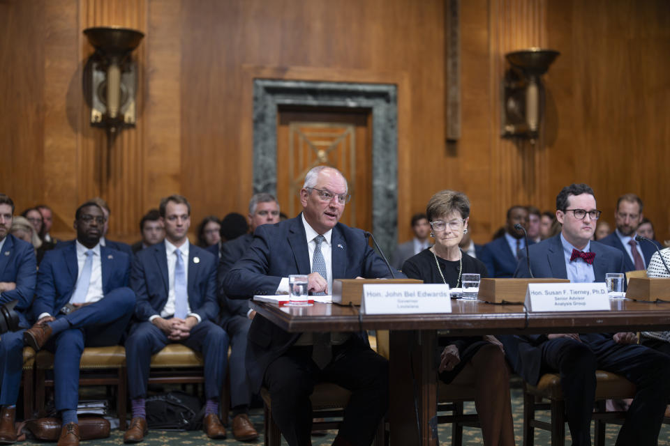 Louisiana Governor John Bel Edwards testifies as the Senate Budget holds a hearing to examine the fiscal consequences of climate change on infrastructure, at the Capitol in Washington, Wednesday, July 26, 2023. (AP Photo/J. Scott Applewhite)