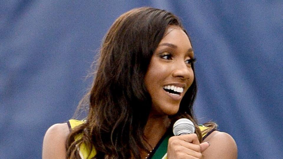 This photo from August 2910 shows ESPN’s Maria Taylor speaking at a private tennis clinic with Mercedes-Benz in New York City. (Photo by Noam Galai/Getty Images for Mercedes-Benz)