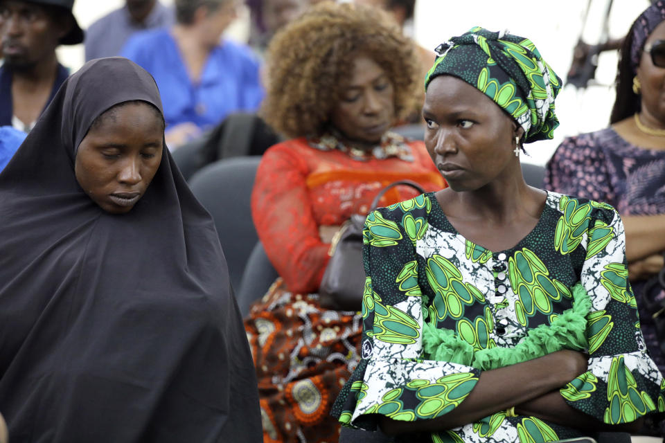 Parents of Chibok schoolgirls who were kidnapped in 2014 by Islamic extremists, attend a 10th anniversary event of the abduction in Lagos, Nigeria, Thursday, April 4, 2024. A new film in Nigeria is being screened to remember the nearly 100 schoolgirls who are still in captivity 10 years after they were seized from their school in the country’s northeast. At least 276 girls were kidnapped during the April 2014 attack that stunned the world, but most have since regained their freedom. (AP Photo/Mansur Ibrahim )