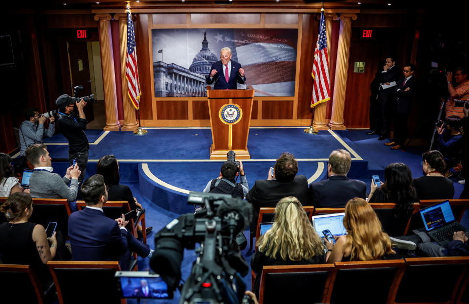 U.S. Senate Majority Leader Chuck Schumer (D-NY) holds a press conference after Congress approves a debt-limit suspension, averting what would have been a first-ever default, on Capitol Hill in Washington, U.S., June 1, 2023. REUTERS/Evelyn Hockstein