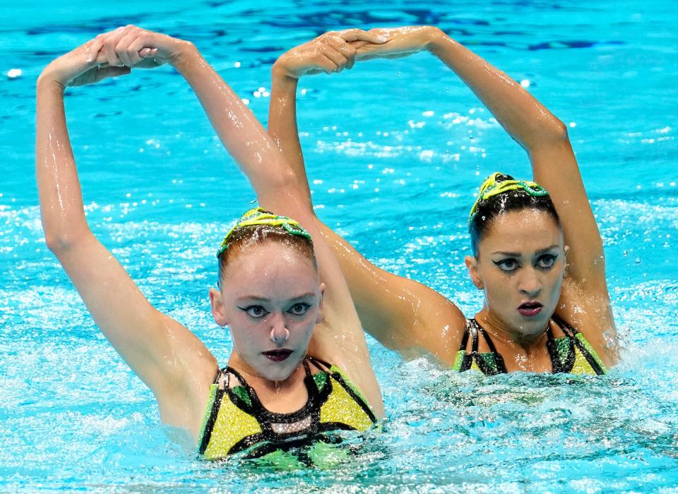 Anita Alvarez and Lindi Schroeder (USA) in the artistic swimming women's duet preliminary round on Monday, Aug. 2, 2021, during the Tokyo 2020 Olympic Summer Games at Tokyo Aquatics Centre.