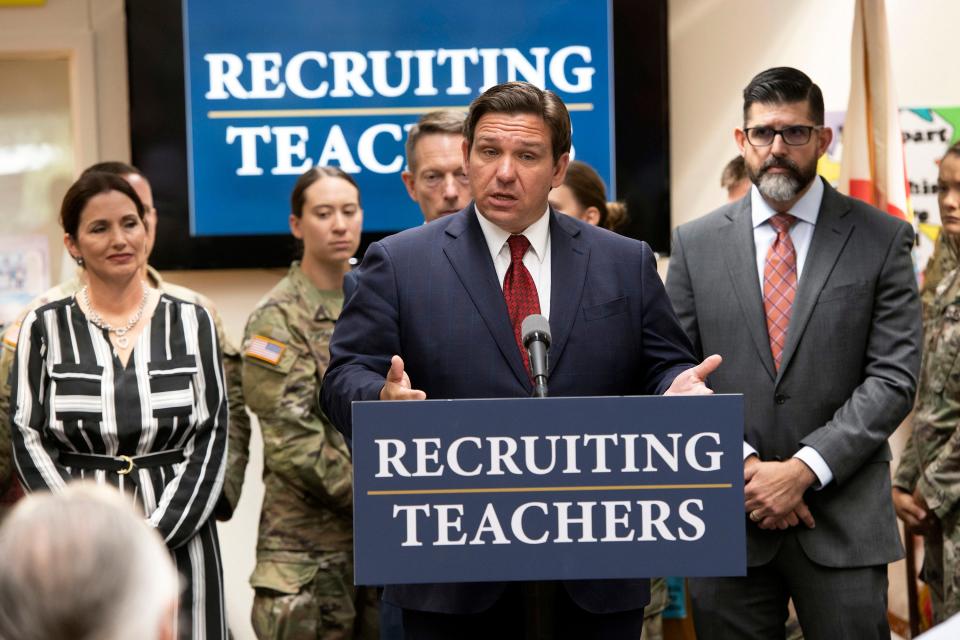 Governor Ron Desantis speaks during a press conference in Pensacola on Wednesday, Aug. 17, 2022. During the press event, Desantis discusses his initiative to streamline the process for veterans and first responders to transition to the classroom as teachers.  