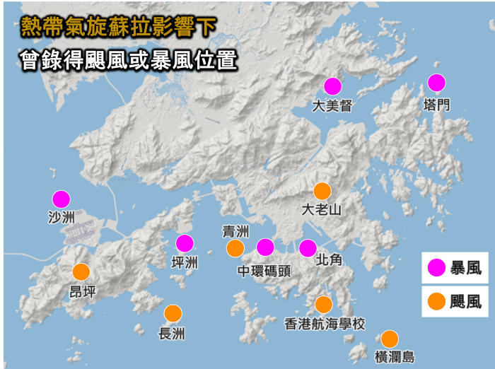 蘇拉吹襲香港期間，本港錄得颶風（每小時118公里或以上）及暴風（每小時88至117公里）風力分布。（圖：香港天文台）