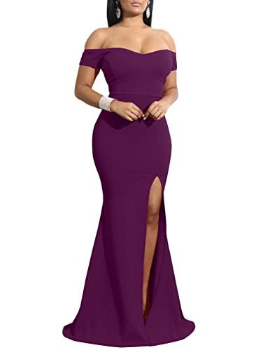 26)  Off Shoulder High Split Evening Gown Purple