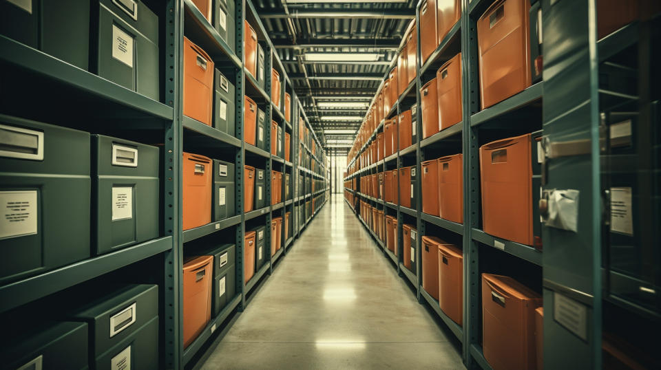 A storage facility with boxes and shelves to store records, representing the company's secure records storage.