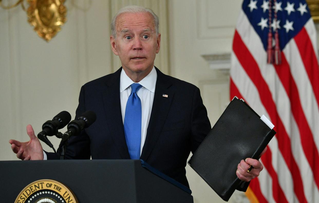 <p>US President Joe Biden delivers remarks on the American Rescue Plan in the State Dining Room of the White House on May 5, 2021.</p> (Photo by NICHOLAS KAMM/AFP via Getty Images)