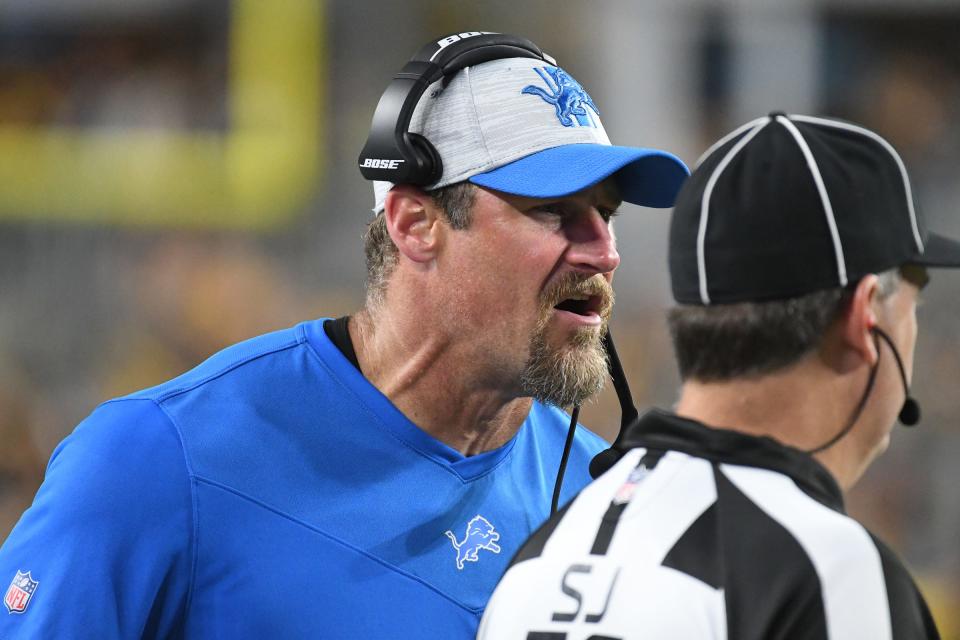 Detroit Lions head coach Dan Campbell reacts during the a preseason game against the Pittsburgh Steelers at Heinz Field on August 21, 2021.