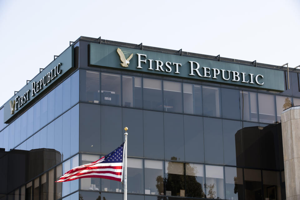 Newport Beach, California, USA - May 5, 2023: Afternoon sunlight shines on a branch of the recently collapsed First Republic Bank, the third largest bank to fail in America.