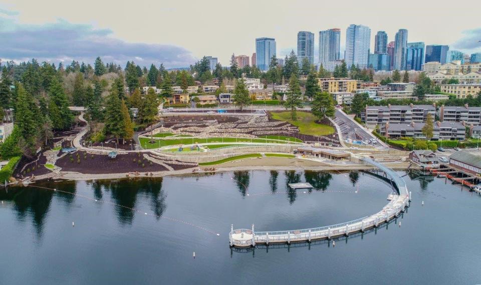 An aerial view of Meydenbauer Bay Park and beautiful downtown Bellevue.