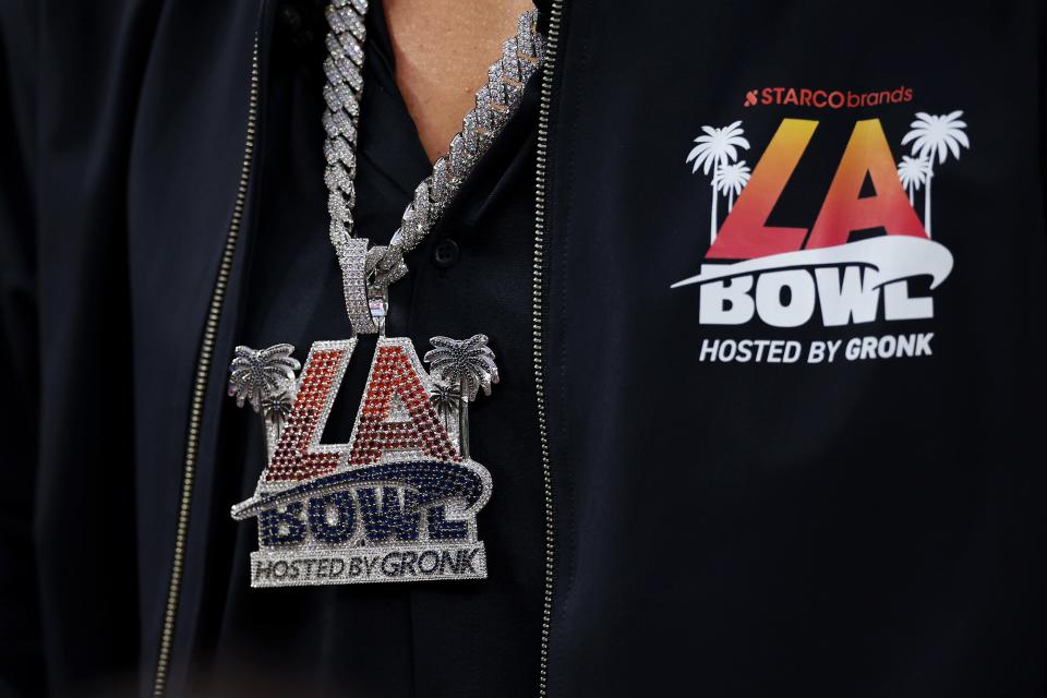 INGLEWOOD, CALIFORNIA - DECEMBER 16: A detailed view of the neck chain worn by Rob Gronkowski prior to the game between the UCLA Bruins and the Boise State Broncos during the Starco Brands LA Bowl Hosted by Gronk at SoFi Stadium. (Photo by Katelyn Mulcahy/Getty Images)