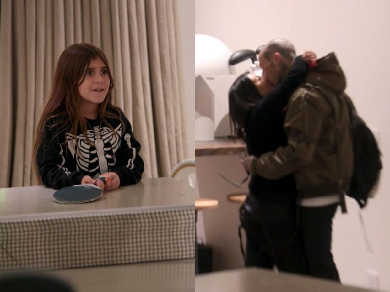 left: penelope disick standing at the end of a ping pong table with an incredulous expression on her face; right: kourtney kardashian and travis barker kissing