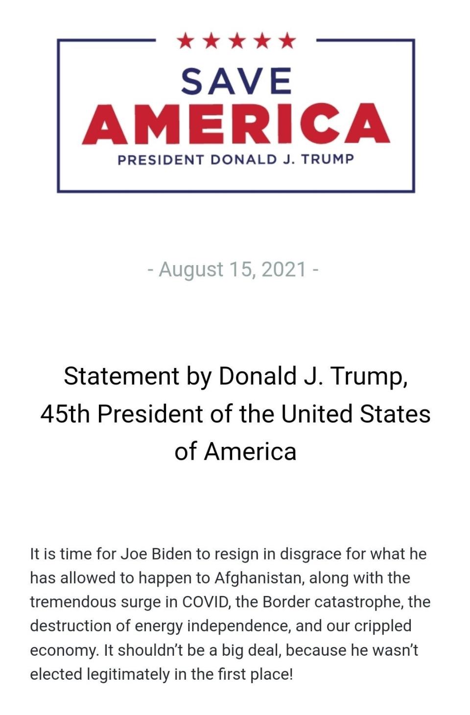 ‘Resign in disgrace,’ Mr Trump advised President Biden (Office of Donald Trump)