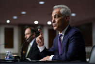 U.S. Ambassador to Japan nominee Rahm Emanuel speaks during a hearing to examine his nomination before the Senate Foreign Relations Committee on Capitol Hill in Washington, Wednesday, Oct. 20, 2021. (AP Photo/Patrick Semansky)