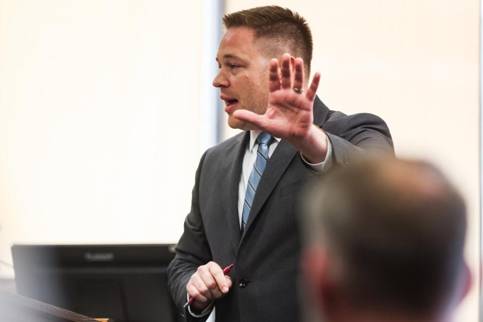 Tue., May 17, 2022, Bowling Green, Ohio, USA; Defense attorney Eric Long gives his opening statements for his defendant Troy Henricksen during the BGSU Stone Foltz hazing case at the Wood County Courthouse.