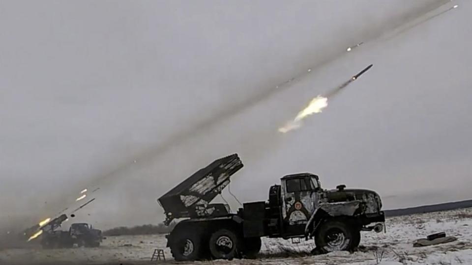 Russian Defence ministry press service on 16 December 2021 shows Russian BM-21 "Grad" a Soviet truck-mounted 122 mm multiple rocket launchers shoot during military drills near Orenburg, Russia, 16 December 2021