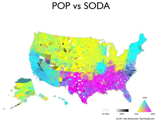 A photo of a map that shows the Pop vs Soda vs Coke debate.