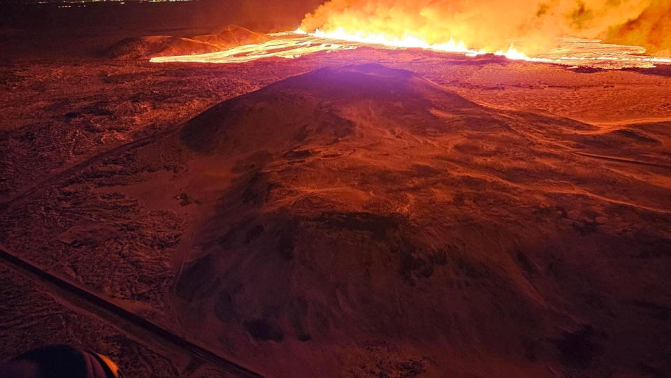 A volcano spews lava and smoke as it erupts, near Grindavik, on Reykjanes Peninsula, Iceland, February 8, 2024. Iceland Civil Protection/Handout via REUTERS THIS IMAGE HAS BEEN SUPPLIED BY A THIRD PARTY. MANDATORY CREDIT. NO RESALES. NO ARCHIVES.