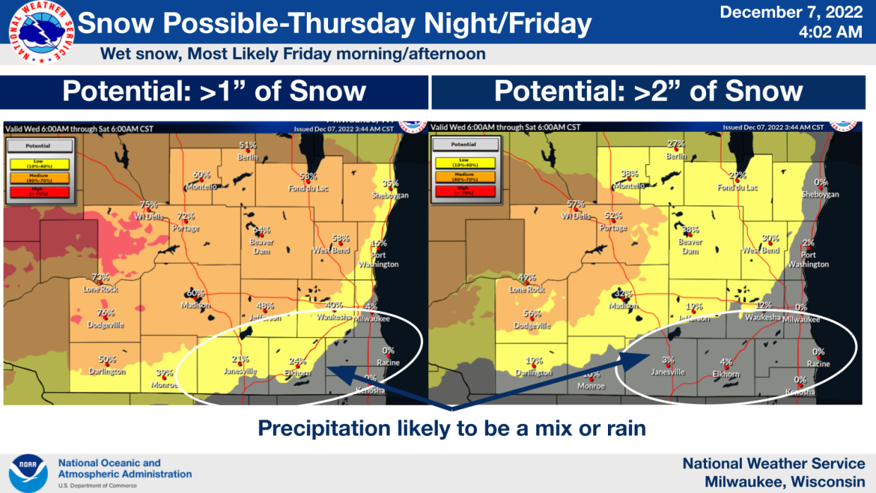 The highest chance for more than 2 inches of snow will be north and west of Milwaukee, near Wisconsin Dells and Portage.