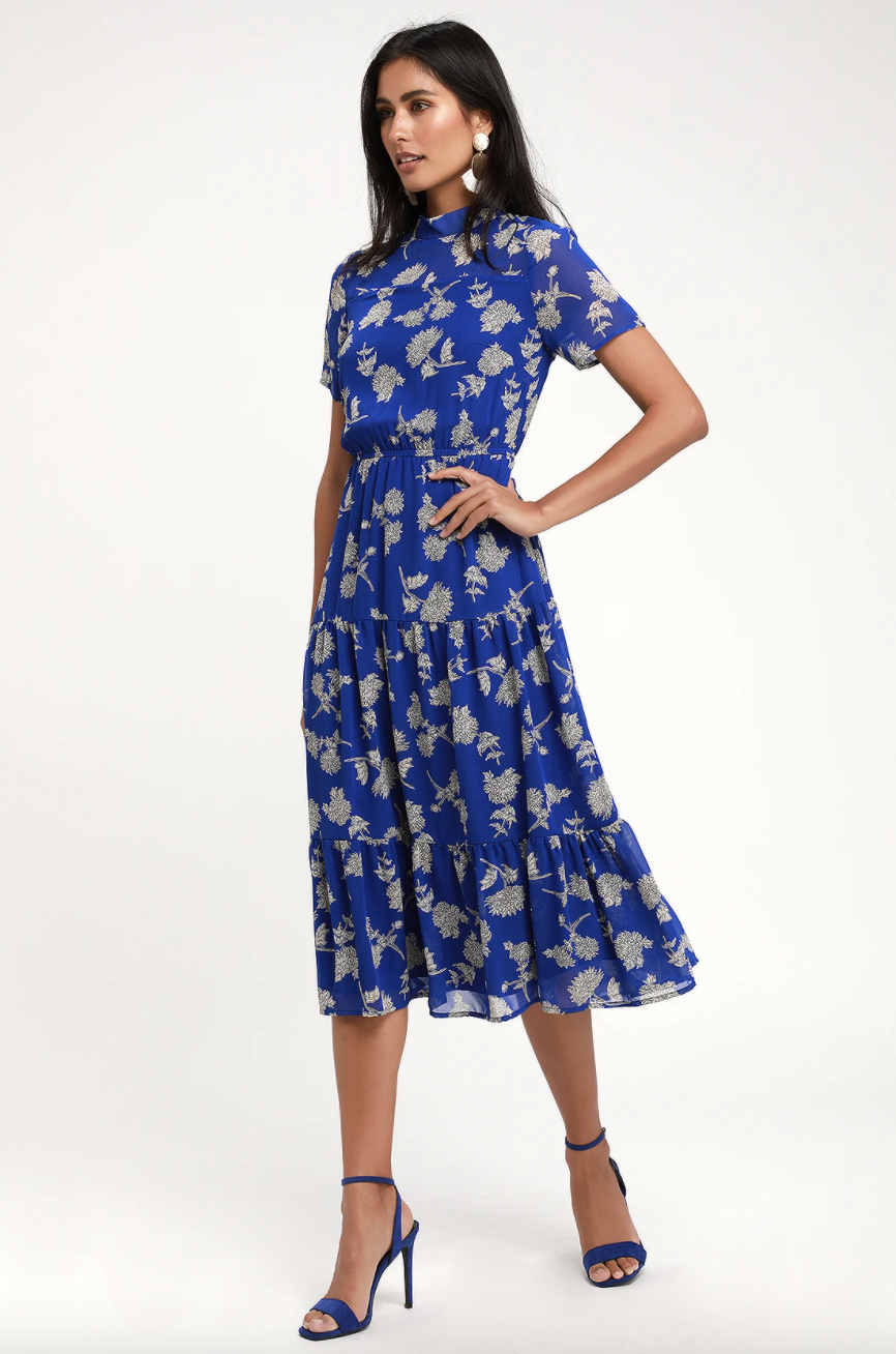 brunette model in cobalt blue Lulus Dressed Up Floral Print Midi Dress (Photo via Lulus)