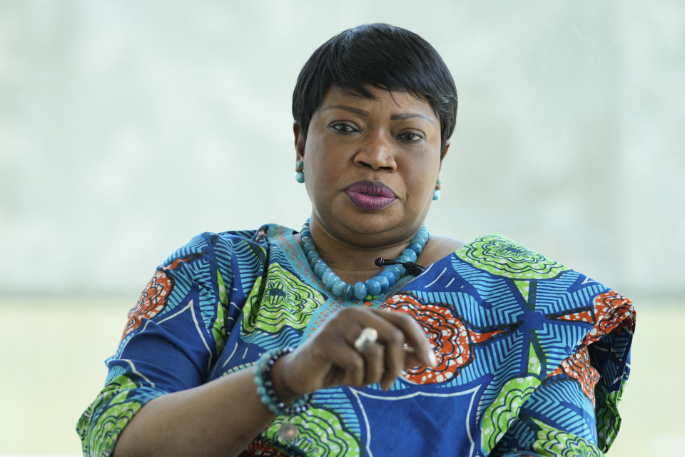 International Criminal Court Prosecutor Fatou Bensouda speaks during an interview with The Associated Press in The Hague, Netherlands, Monday, June 14, 2021. Bensouda discussed her nine years in office leading investigations and prosecutions by the global court as her tenure comes to an end June 15, 2021. (AP Photo/Peter Dejong)