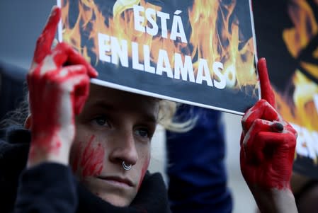 A demonstrator, who has her hands painted to symbolize blood, holds a placard that reads "It's burning", during a protest outside the Brazilian embassy due to the wildfires in the Amazon rainforest, in Buenos Aires