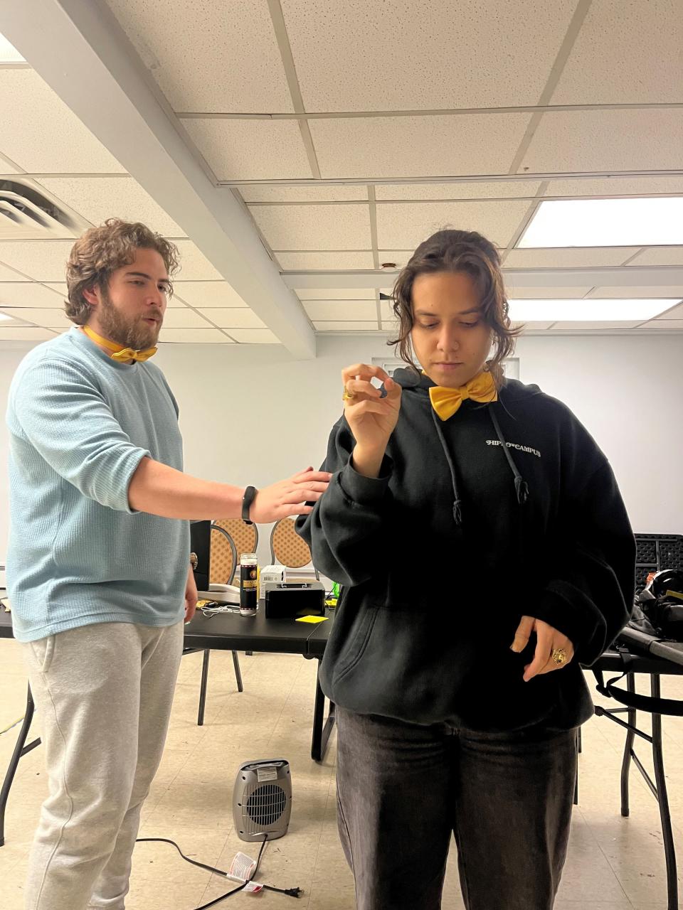 Giancarlo Herrera and Isabelle Deveaux rehearse for "The Box Office," a play by University of Vermont graduate Claire Crowley