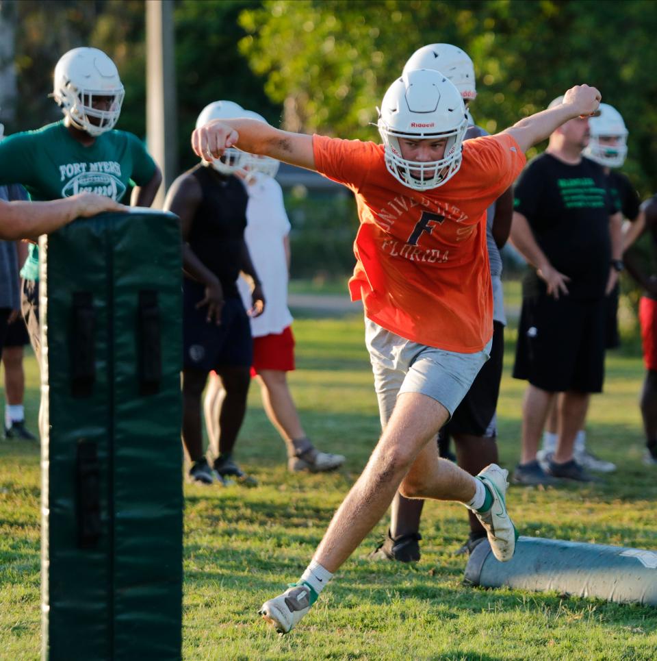 Fort Myers High School football players were up early on Tuesday, August 1, 2023, as practices got underway for their upcoming season. (Syndication: The News-Press)