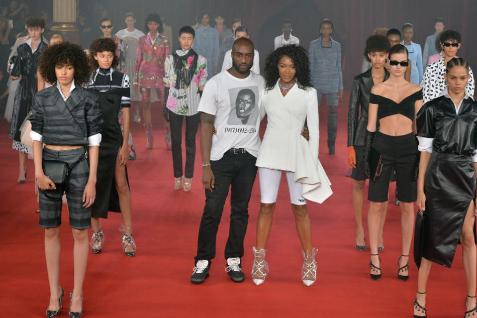 DJ and fashion designer Virgil Abloh with supermodel Naomi Campbell walking the runway at the Off-white Spring Summer 2018 fashion show during Paris Fashion Week on September 28, 2017 in Paris, France.