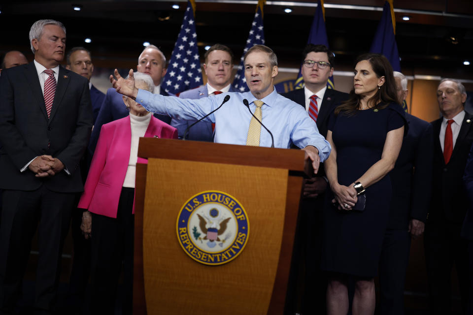 Republican members of the House Oversight Committee hold a news conference.