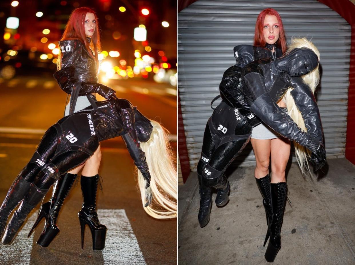 Julia Fox wore her Michael Kale designed body bag to New York Fashion Week.