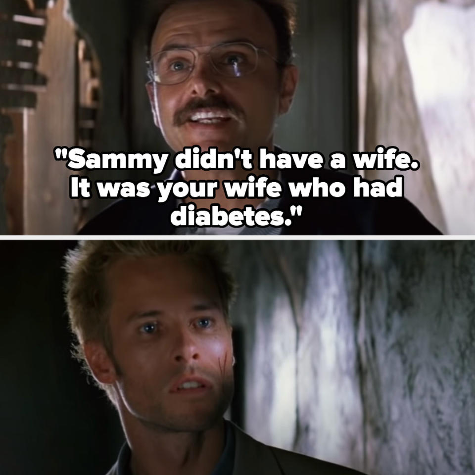 Teddy telling Leonard that Sammy didn't have a wife and that Leonard's wife was the one with diabetes