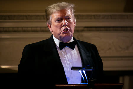 U.S. President Donald Trump speaks on U.S. and China trade negotiations at the Governors' Ball, in the State Dining Room of the White House, in Washington, U.S., February 24, 2019. REUTERS/Al Drago