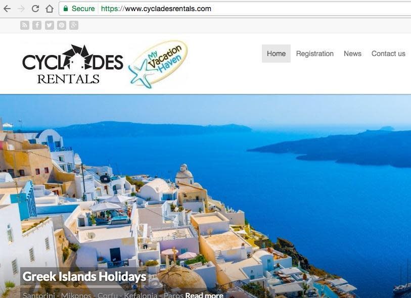The homepage of the fake Cyclades Rentals website
