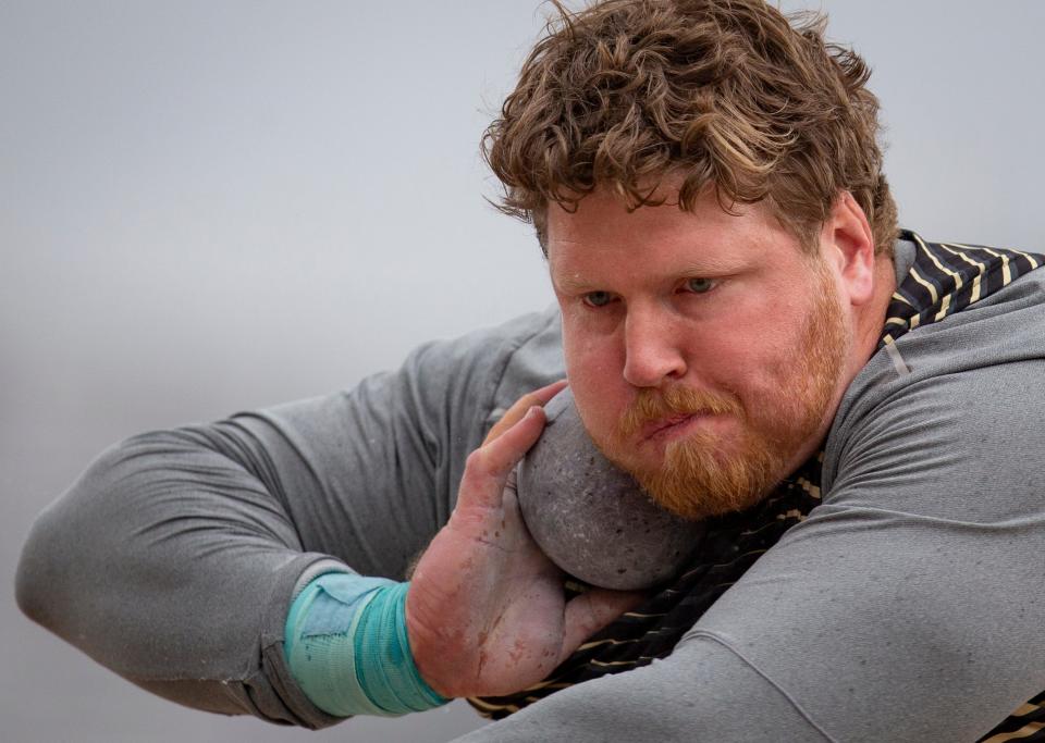 Ryan Crouser winds up during the men’s shot put at The Prefontaine Classic at Hayward Field in Eugene, Oregon Saturday, May 28, 2022.