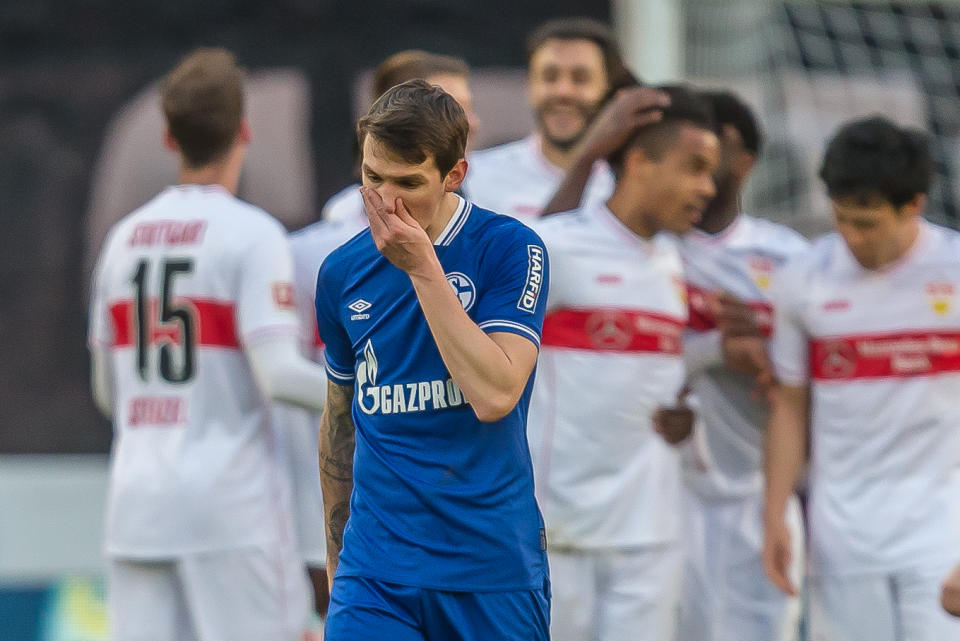 STUTTGART, GERMANY - FEBRUARY 27: (BILD ZEITUNG OUT) Benito Raman of FC Schalke 04 looks dejected during the Bundesliga match between VfB Stuttgart and FC Schalke 04 at Mercedes-Benz Arena on February 27, 2021 in Stuttgart, Germany. (Photo by Harry Langer/DeFodi Images via Getty Images)