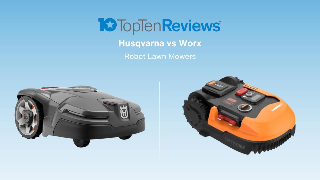  Husqvarna Automower 415X and Worx Landroid L WR155 on blue, TTR versus background  