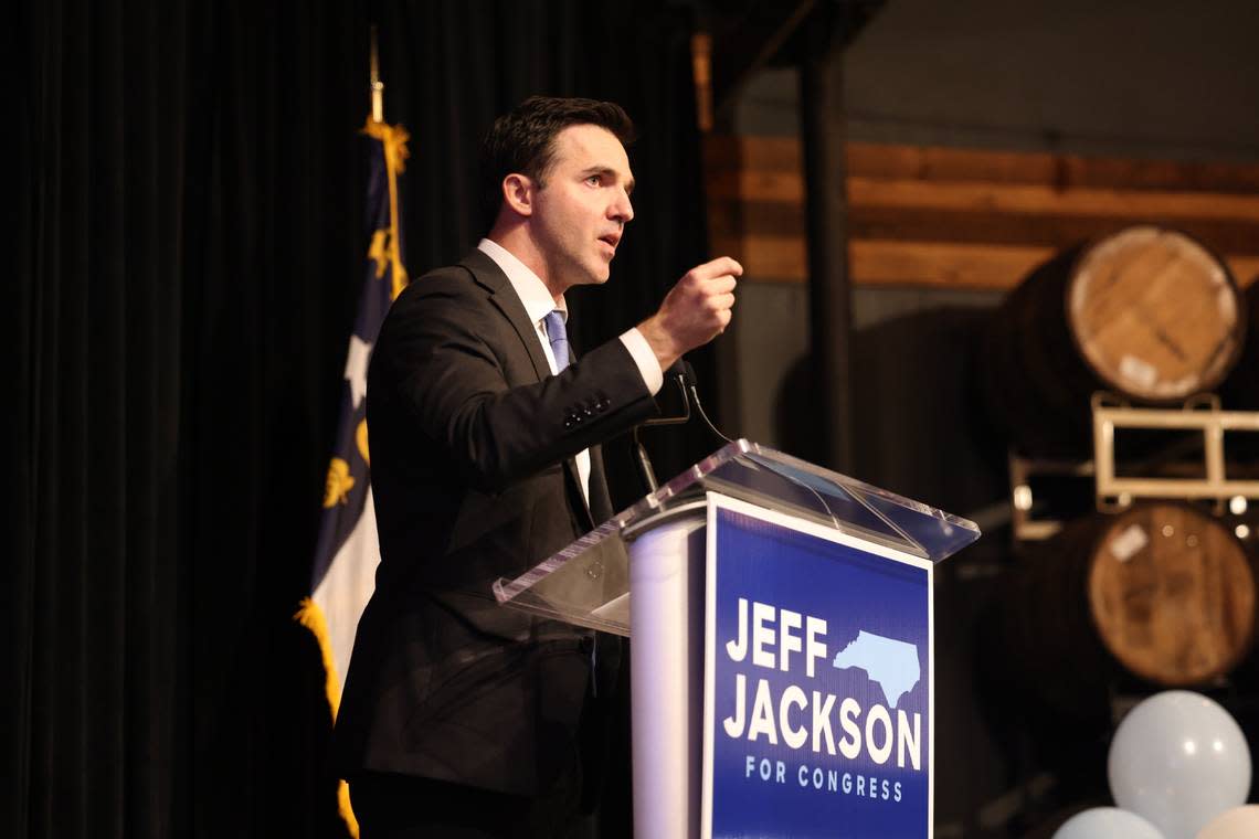 State Sen. Jeff Jackson speaks to his supporters at Lenny Boy Brewing Co. in Charlotte on Tuesday, Nov. 8, 2022. ‘We have won.’ Jackson declares victory in 14th Congressional District