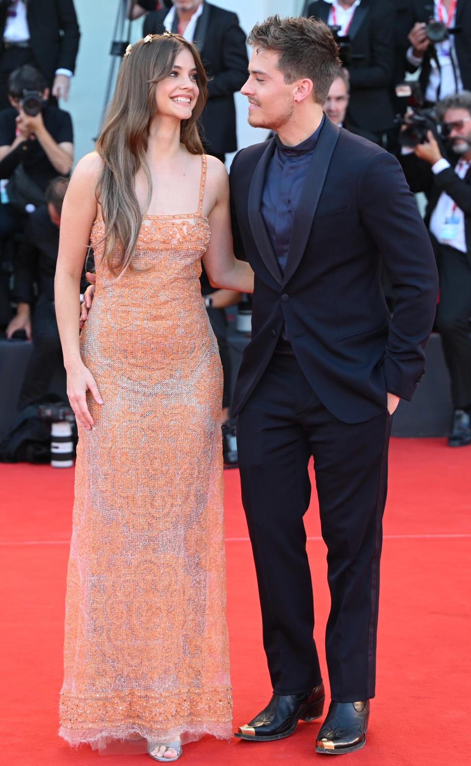 Barbara Palvin and Dylan Sprouse attend the "Bones And All" red carpet at the 79th Venice International Film Festival on September 02, 2022 in Venice, Italy.