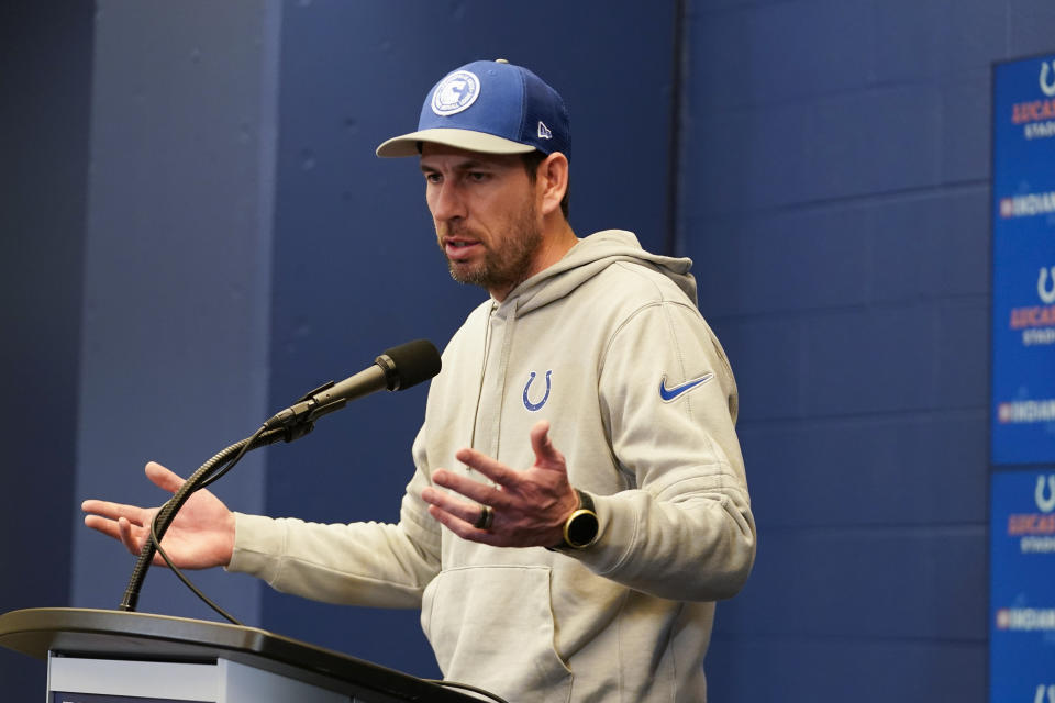 Indianapolis Colts head coach Shane Steichen answers questions during a press conference after a NFL football game against the Houston Texans, Saturday, Jan. 6, 2024, in Indianapolis. (AP Photo/Darron Cummings)